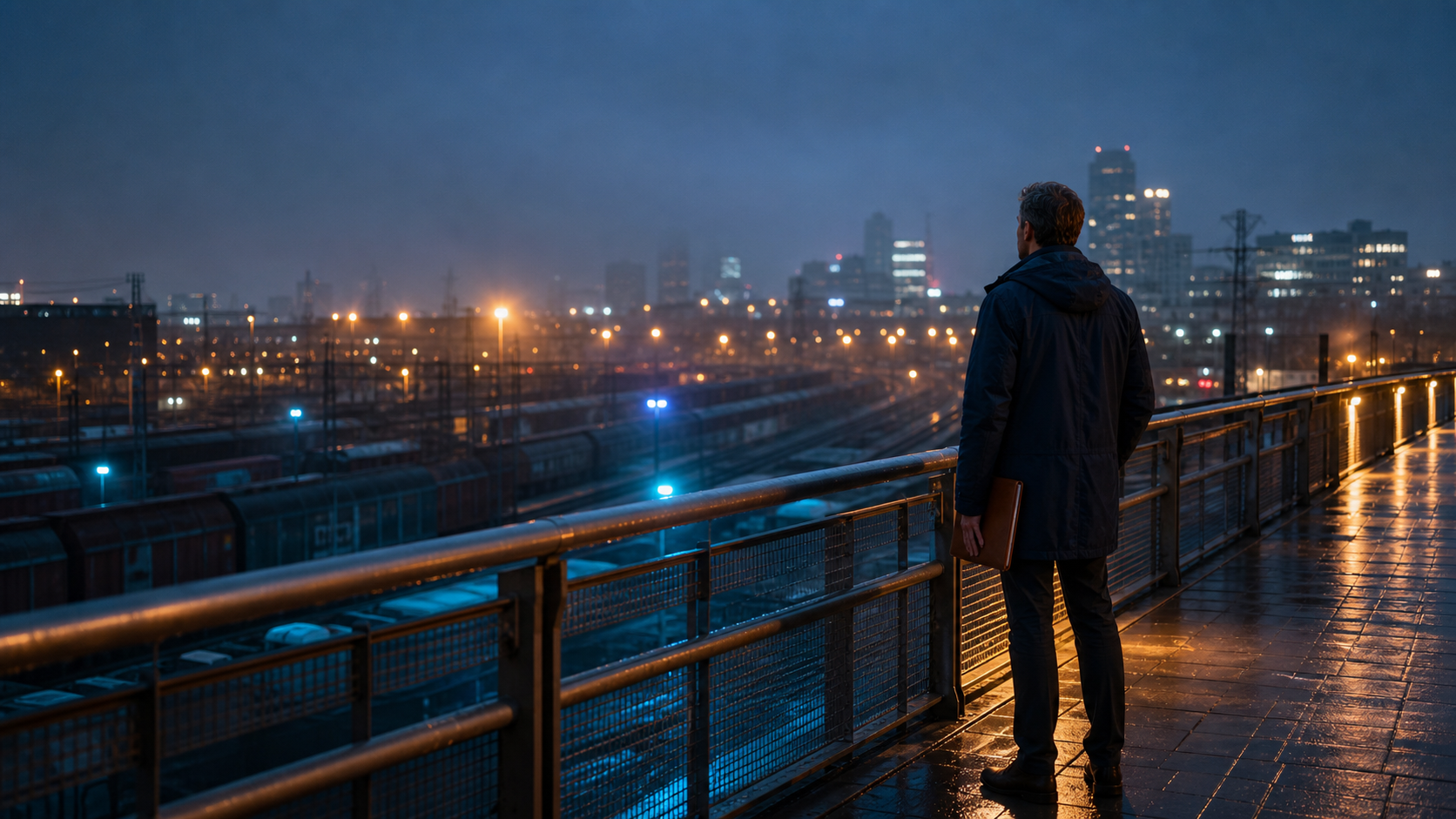 A procurement lead looks out over a rain-lit rail yard and city at blue hour.