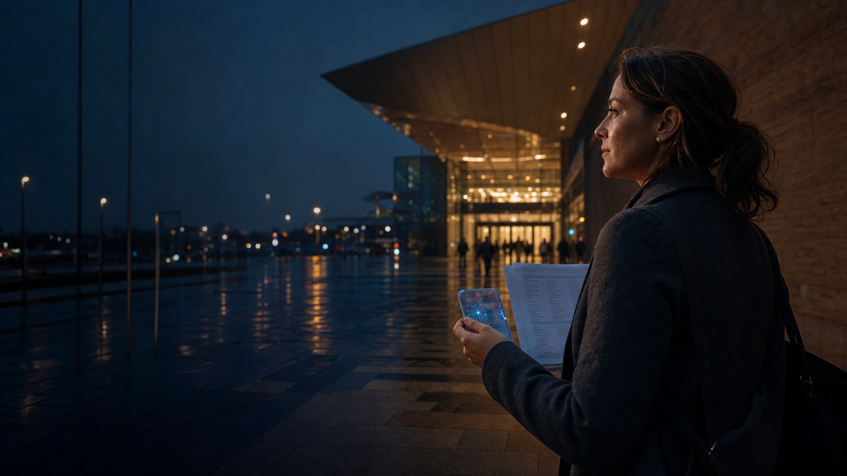 A procurement leader studies a vendor comparison outside a convention center at blue hour.