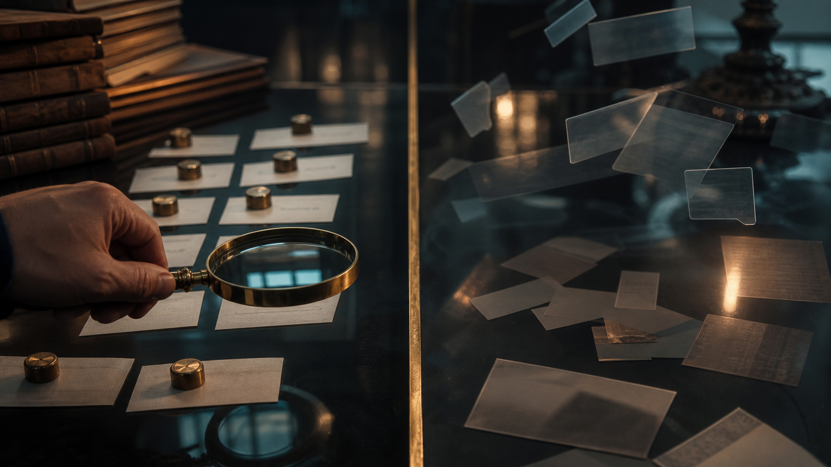 A magnifying glass over measured source cards separated from drifting answer fragments by a brass line.
