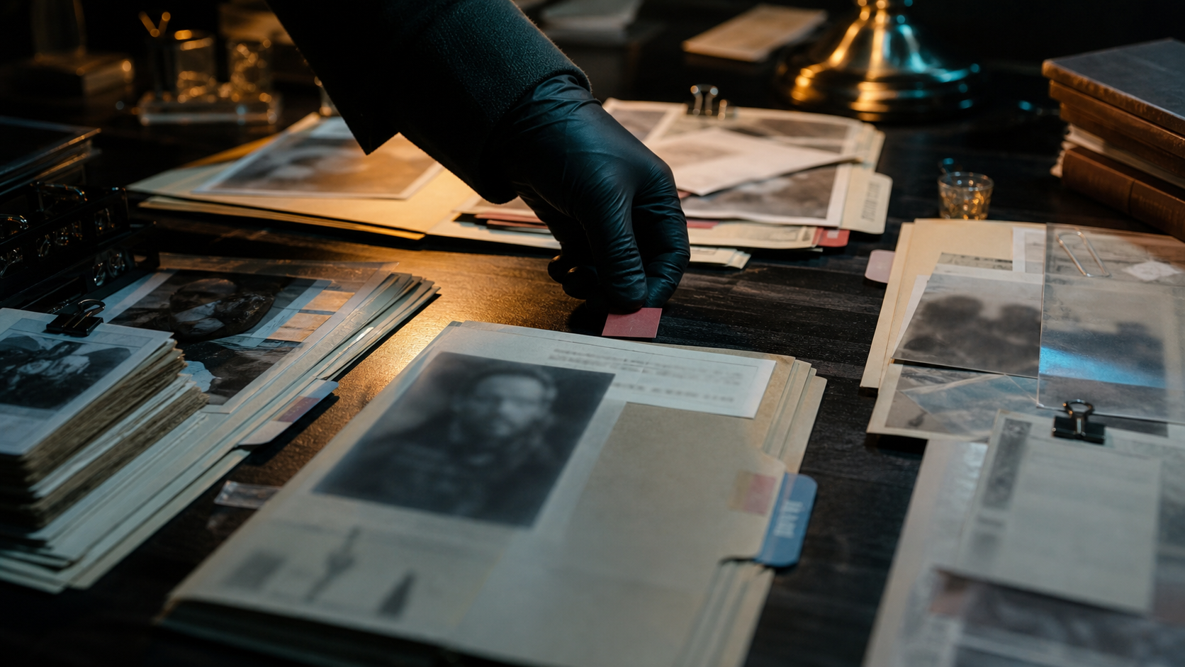 A gloved hand placing a source marker among brand and competitor folders on a dark archive table.