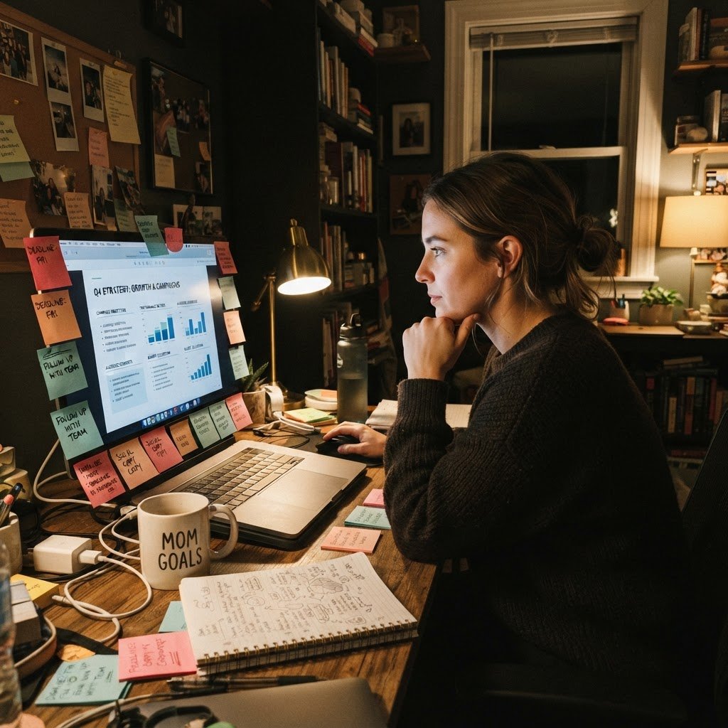The moment you realize your junior's workload just became a token cost Marketing professional working late at night reviewing AI-generated deliverables on laptop
