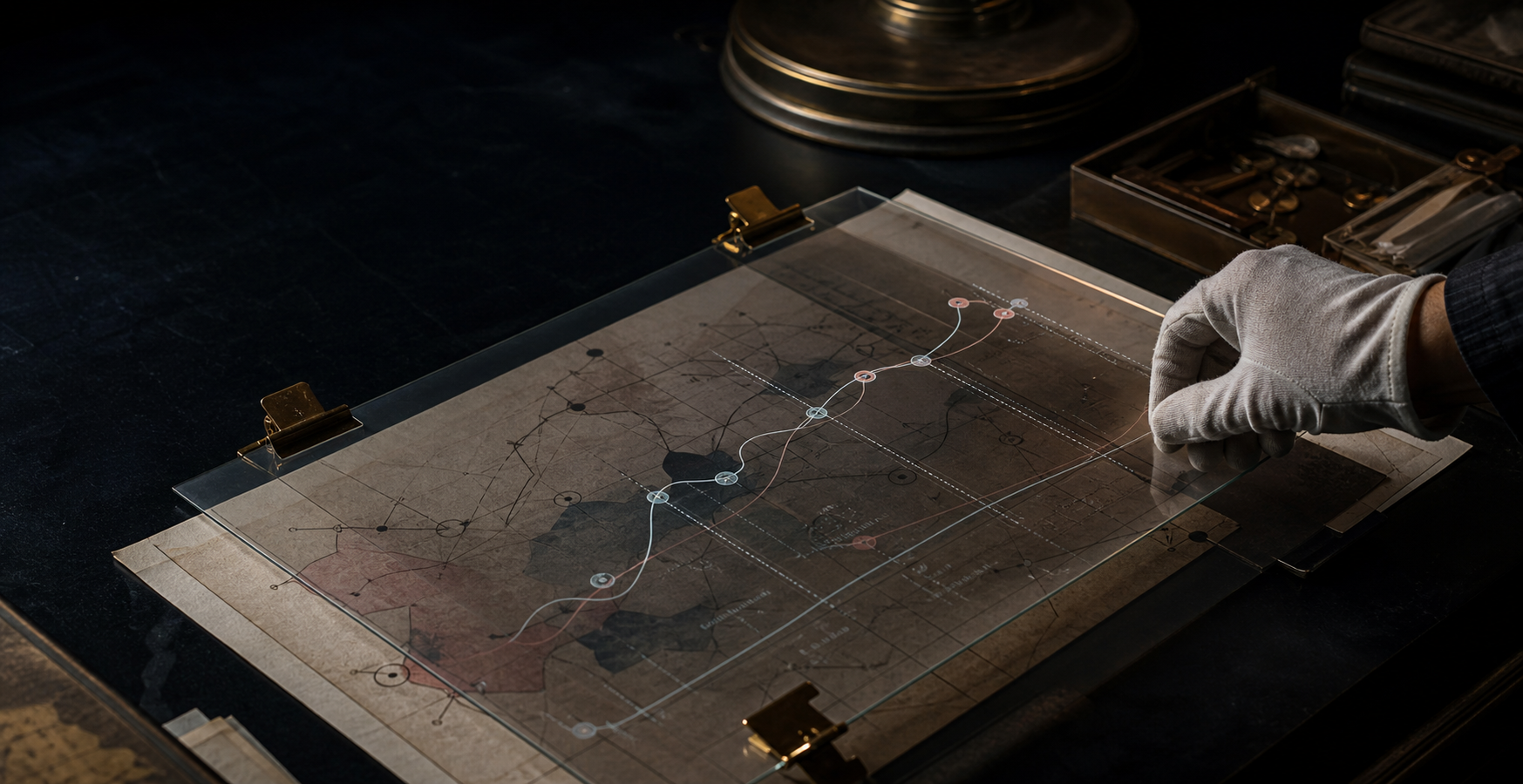 A gloved hand aligning a transparent customer-journey map over an older campaign map.