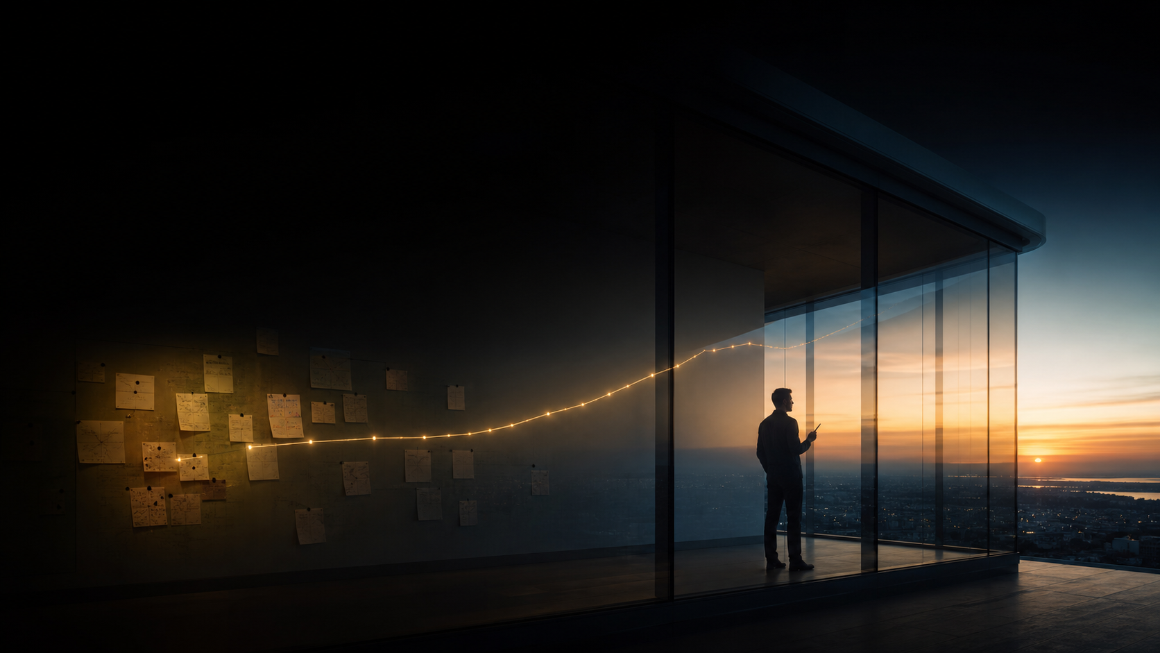 A marketing leader tracing a connected evidence line toward a clear horizon.
