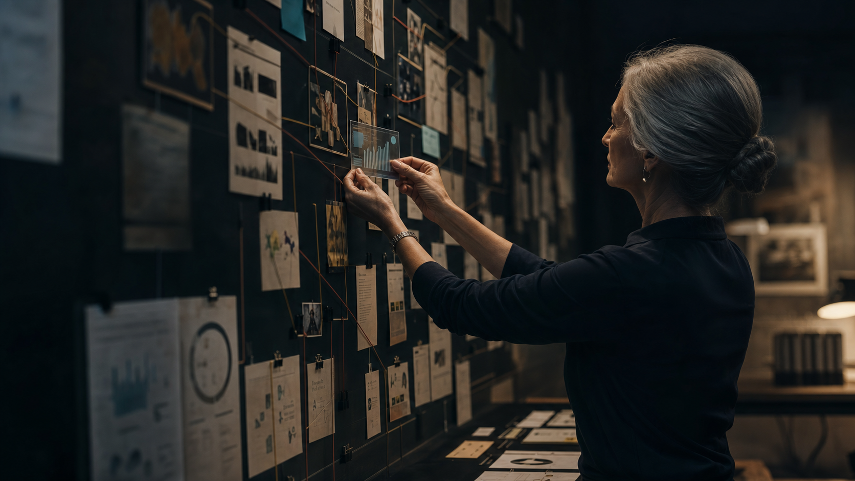 A senior marketing operator placing a measured chart into a connected evidence wall.