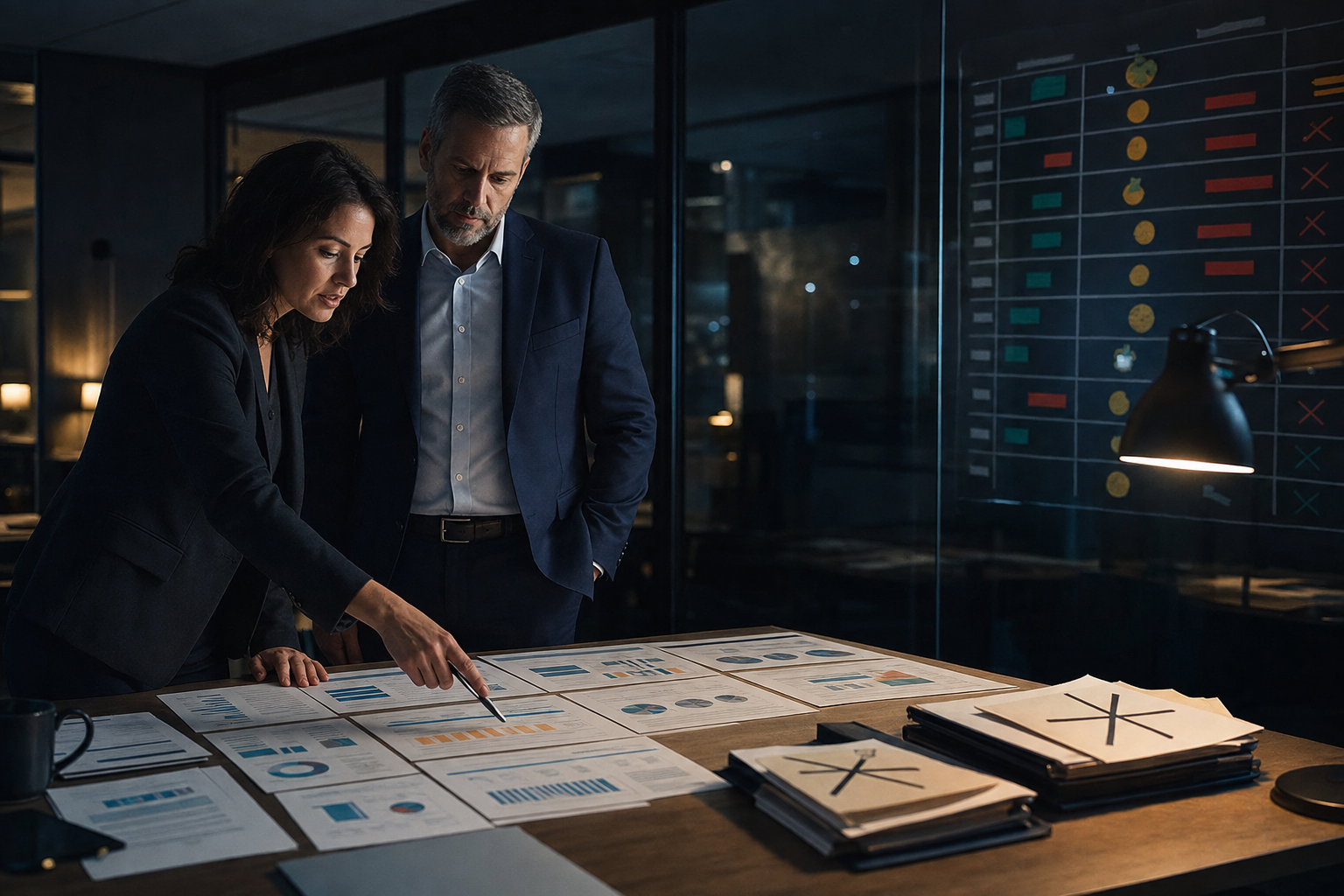 Marketing and finance colleagues reviewing an AI initiative portfolio board and a stack of budget papers.
