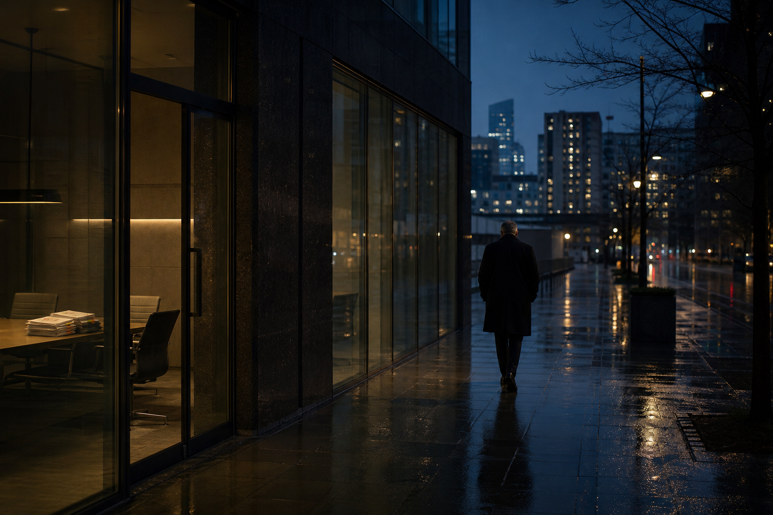 An executive leaving a glass office into a rainy city evening after a budget review.