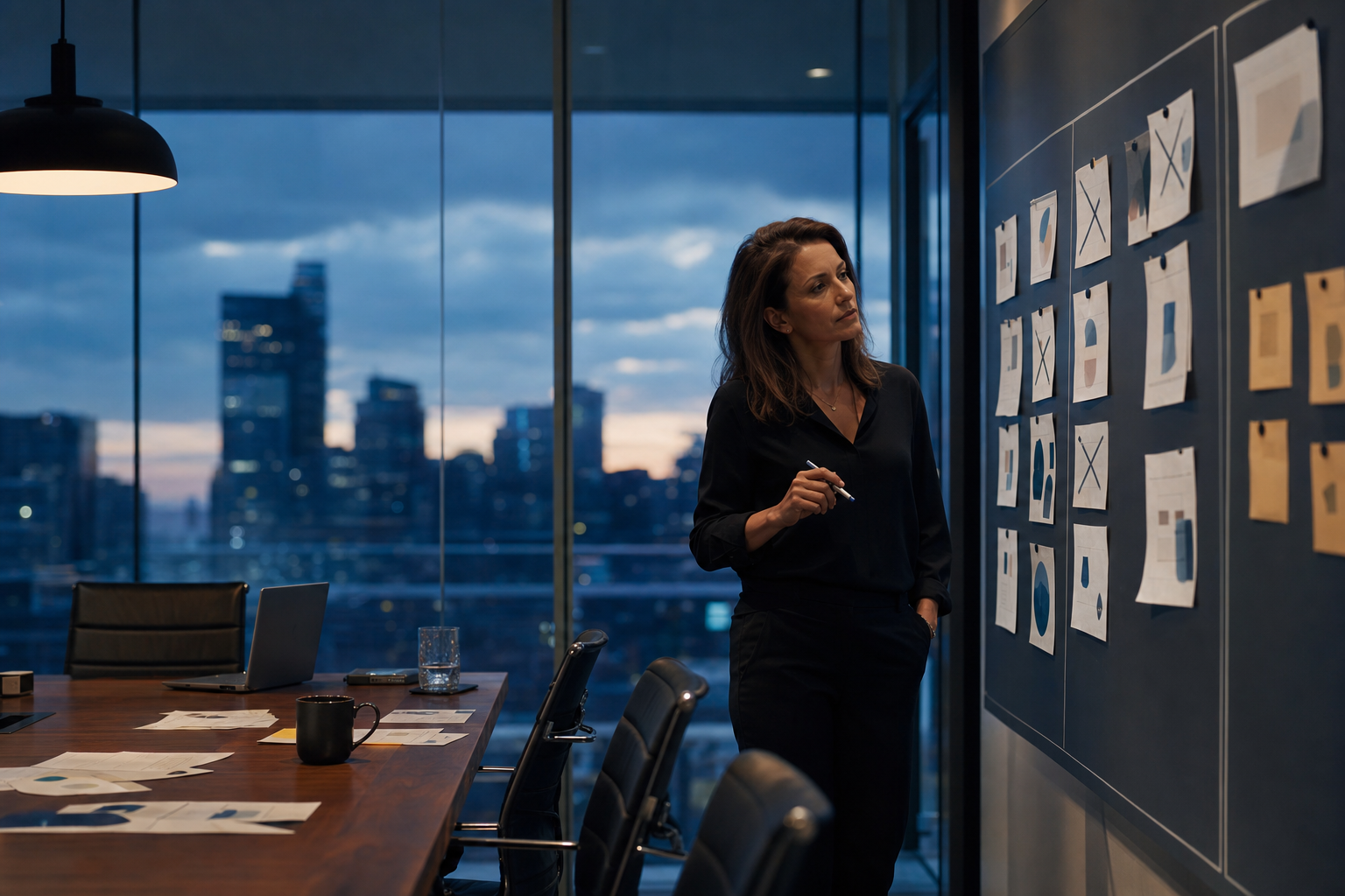 A marketing executive reviewing an initiative board in a glass office before a budget review.