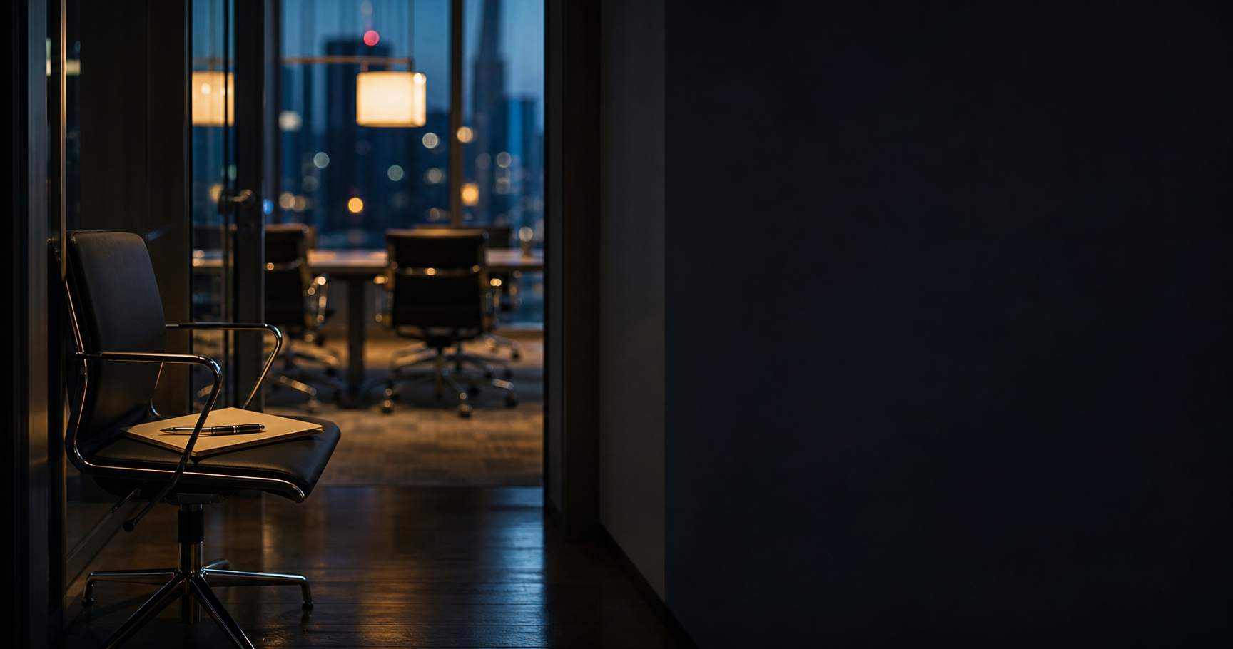A quiet executive corridor with a folder and pen waiting on a chair.