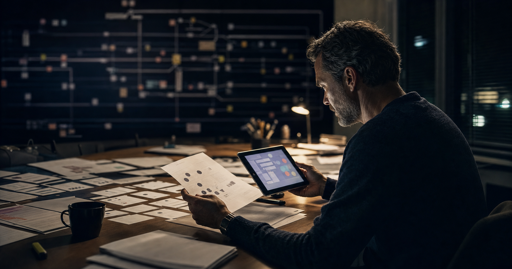 A senior marketing operator comparing a decision packet with an abstract agent orchestration board.