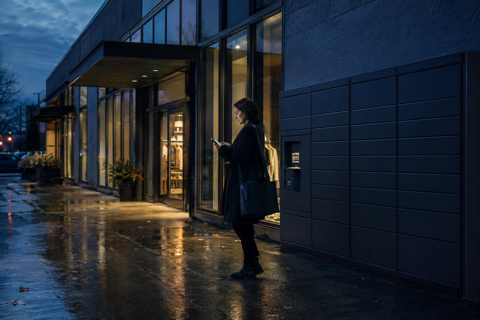 A shopper approving an automated purchase beside a retail parcel locker at blue hour