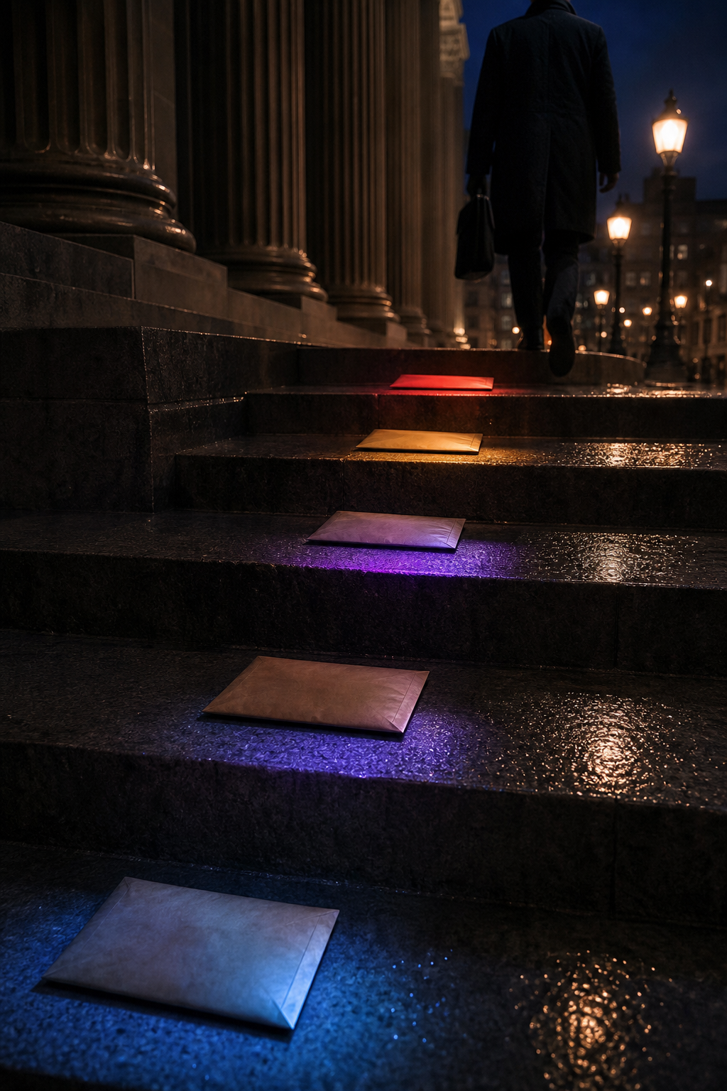 Four sealed envelopes on rain-wet civic steps leading toward an anonymous person carrying a document case.