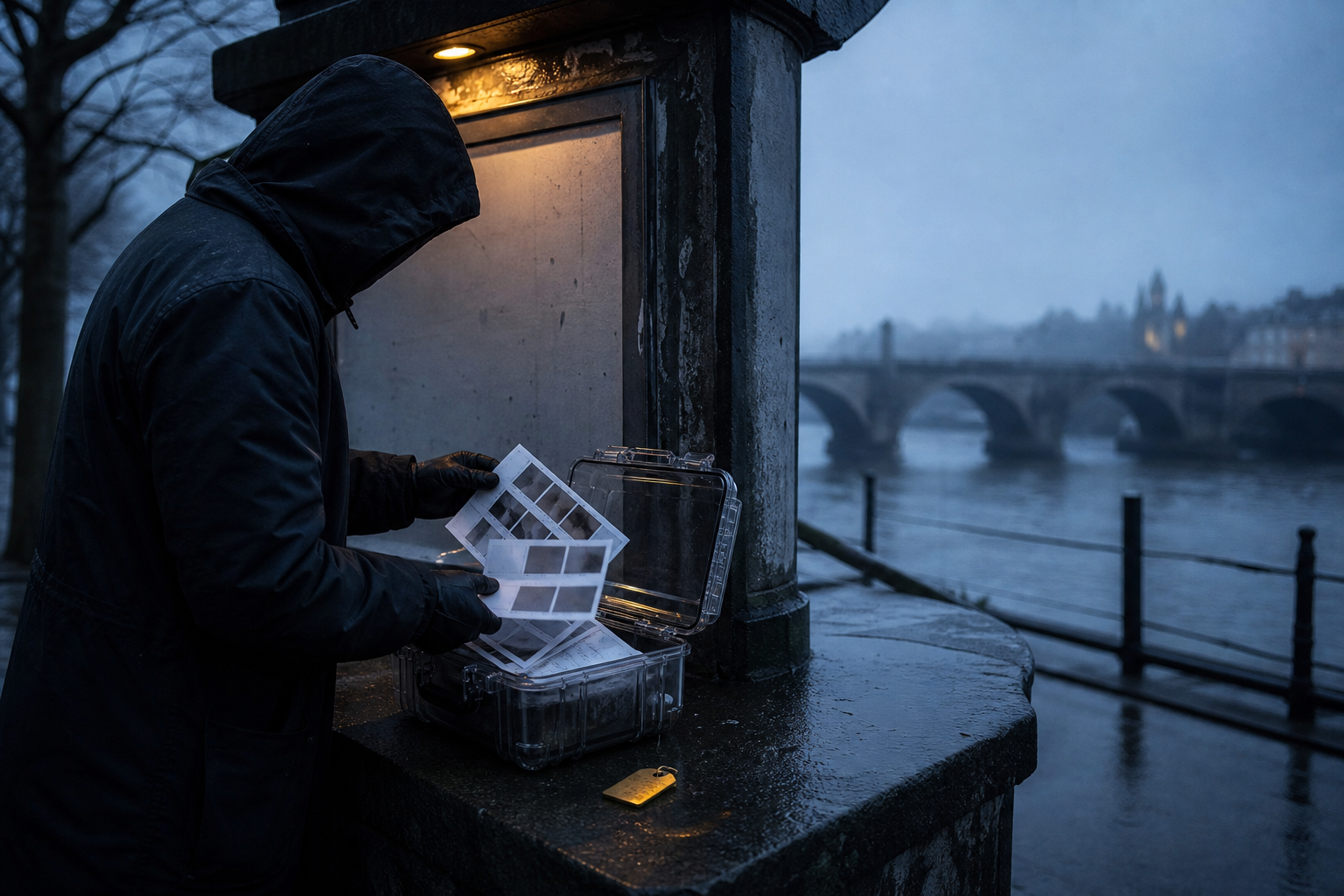 An anonymous investigator at a riverside information kiosk preserving physical photographic records in a clear evidence case.