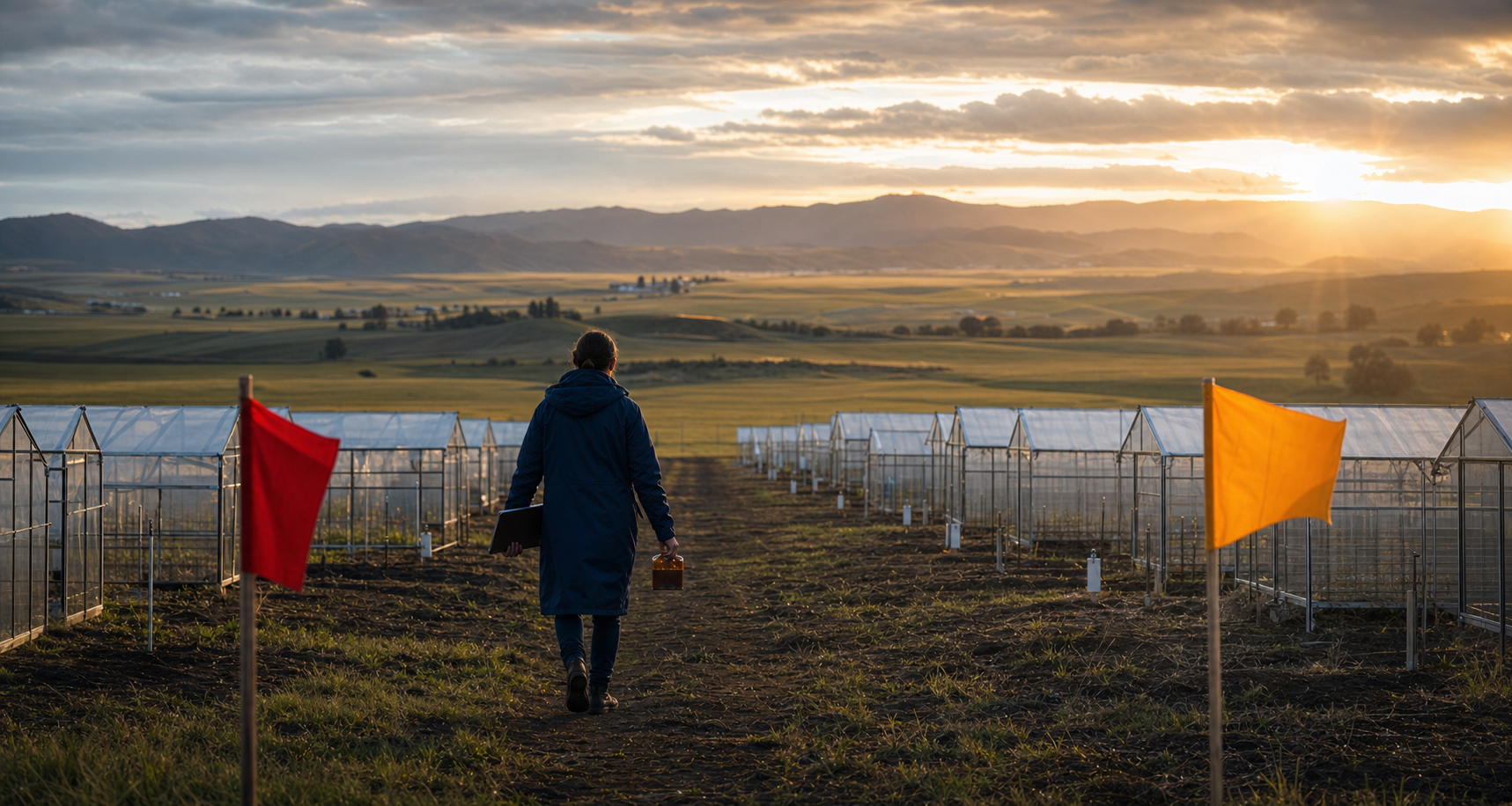 A compliance field lead walking through greenhouse plots between red and amber flags at sunset.