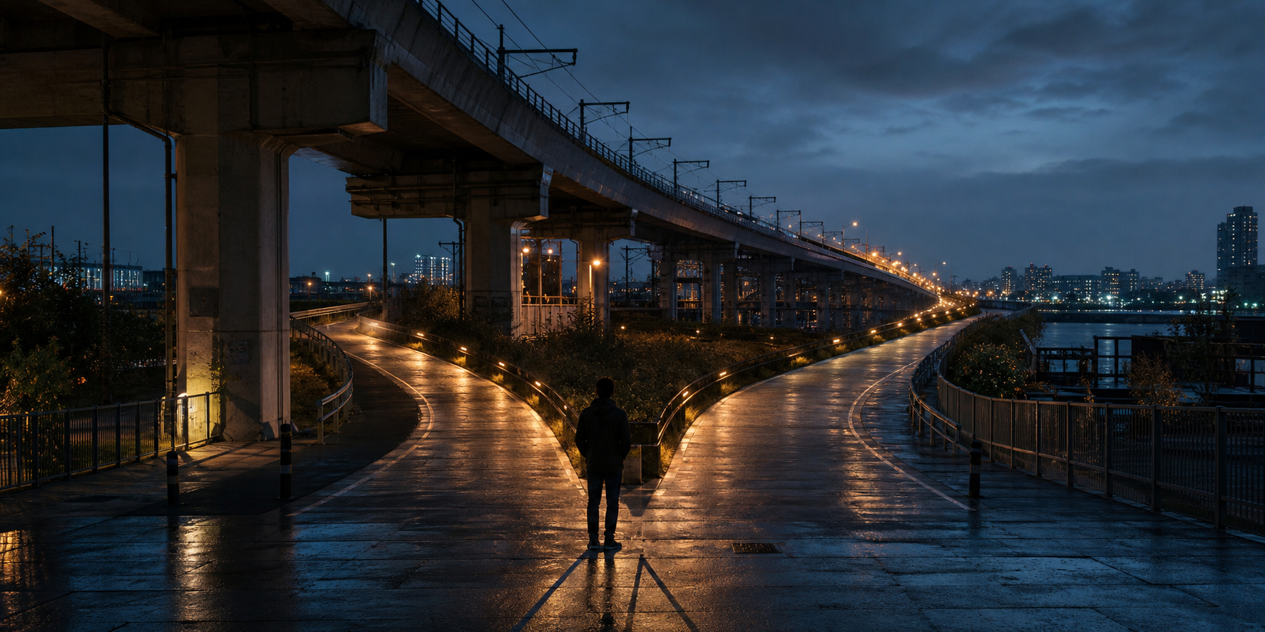 A lone traveler pauses where two wet paths diverge beneath an elevated rail line at blue hour.