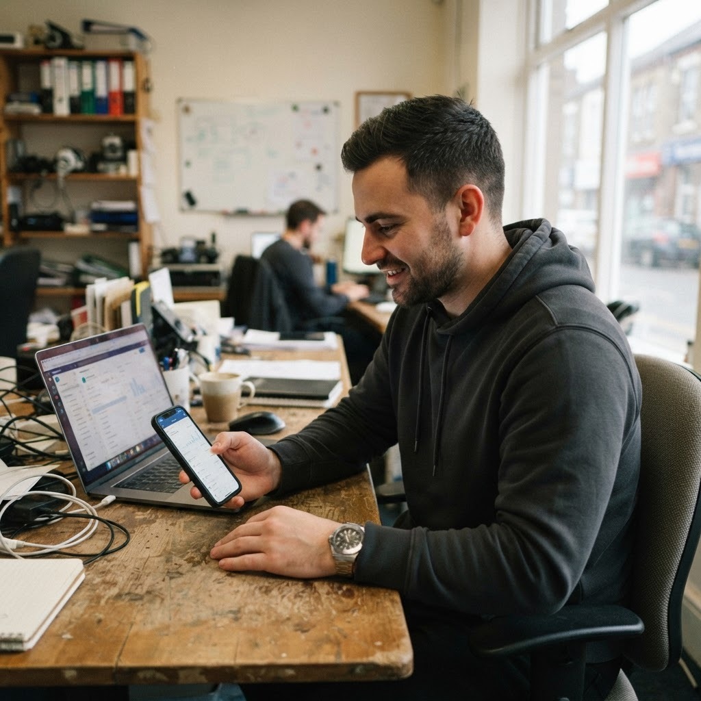 Lead routing is part of media performance now, whether the dashboard admits it or not. Candid UGC-style photo of a local service marketer checking incoming leads on a phone in a small office
