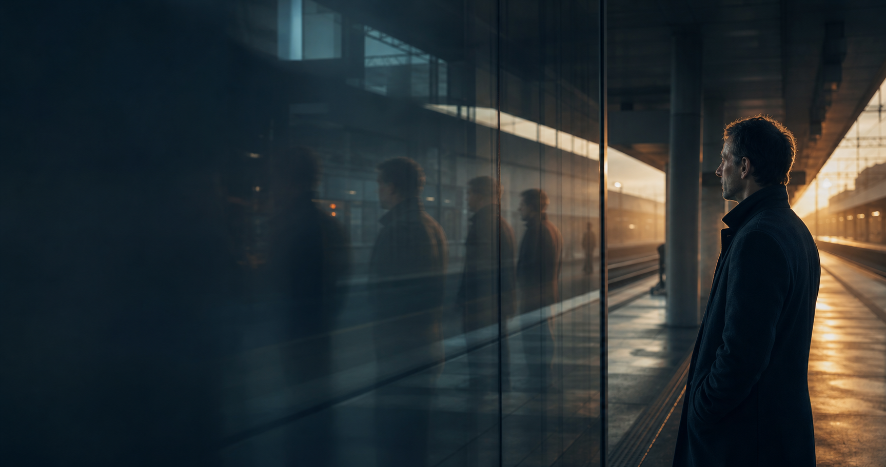 A person reflecting beside a dark glass wall at dawn.
