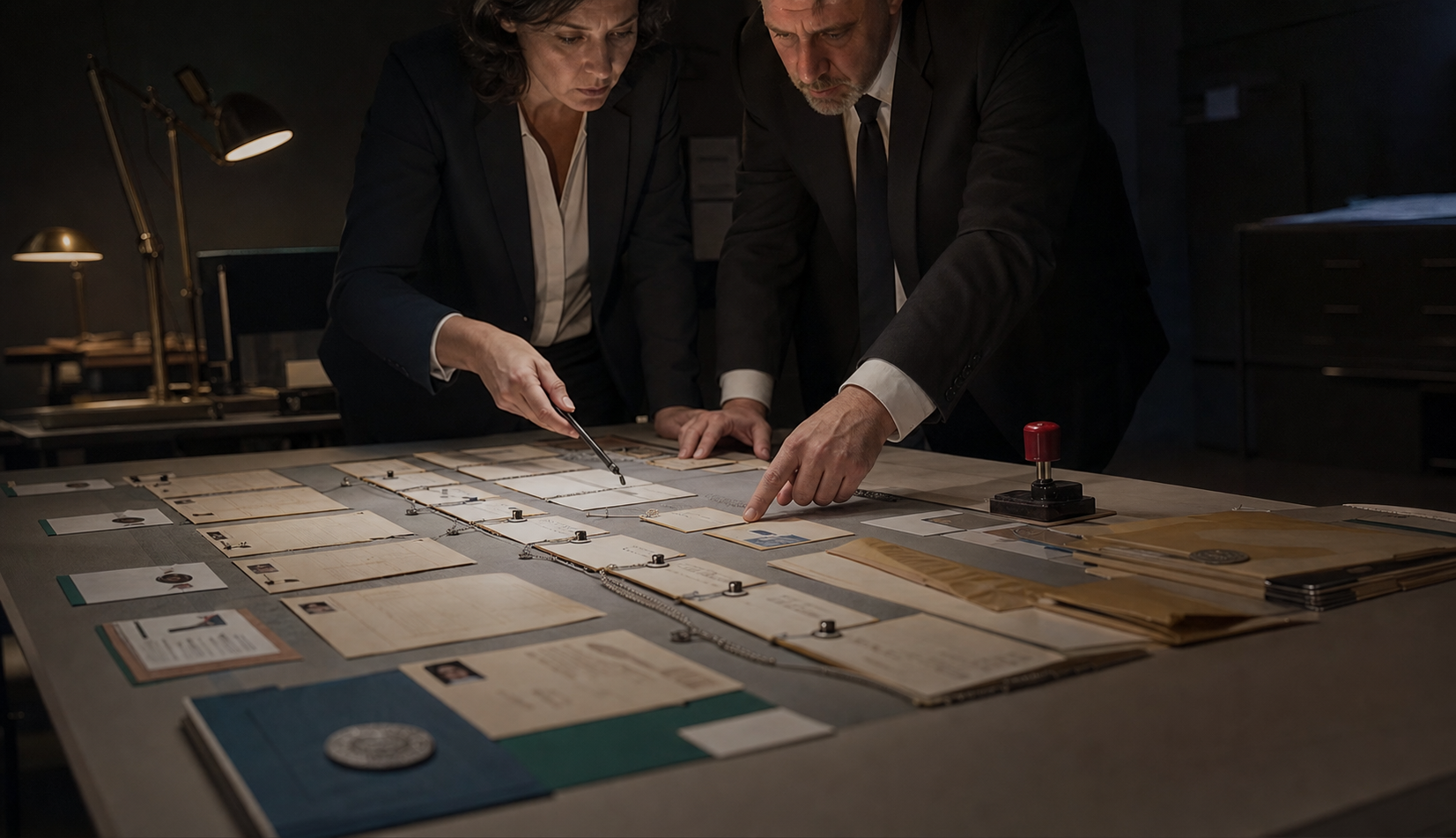 Two leaders reviewing a table of evidence and an approval path.