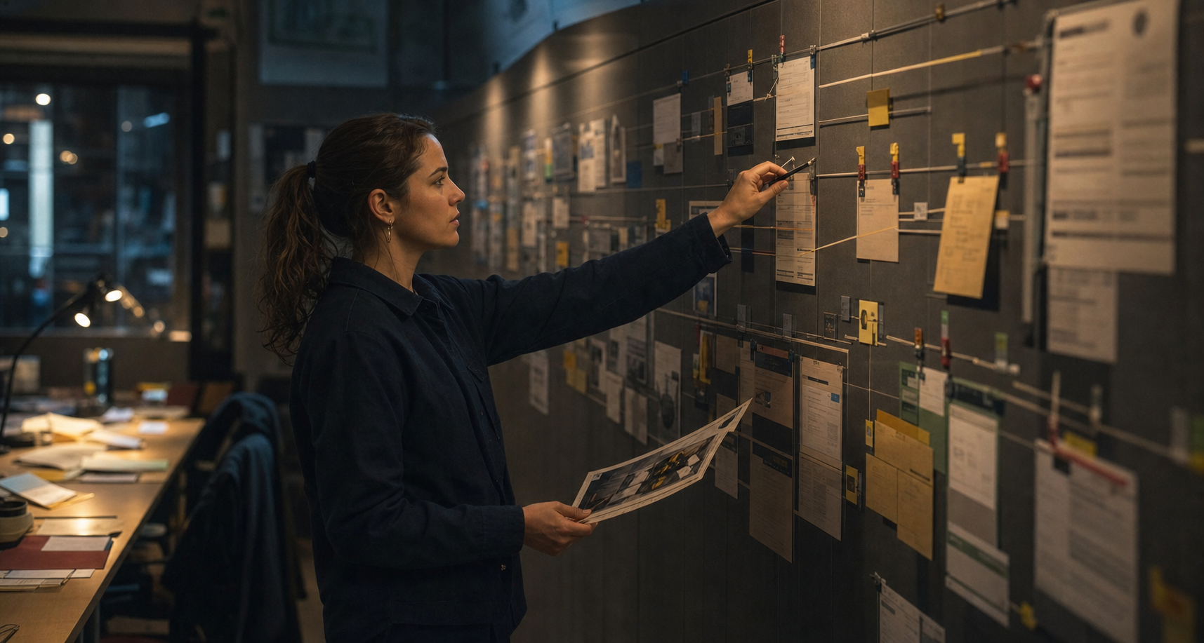 An operator tracing a customer-facing decision chain across a physical evidence wall.