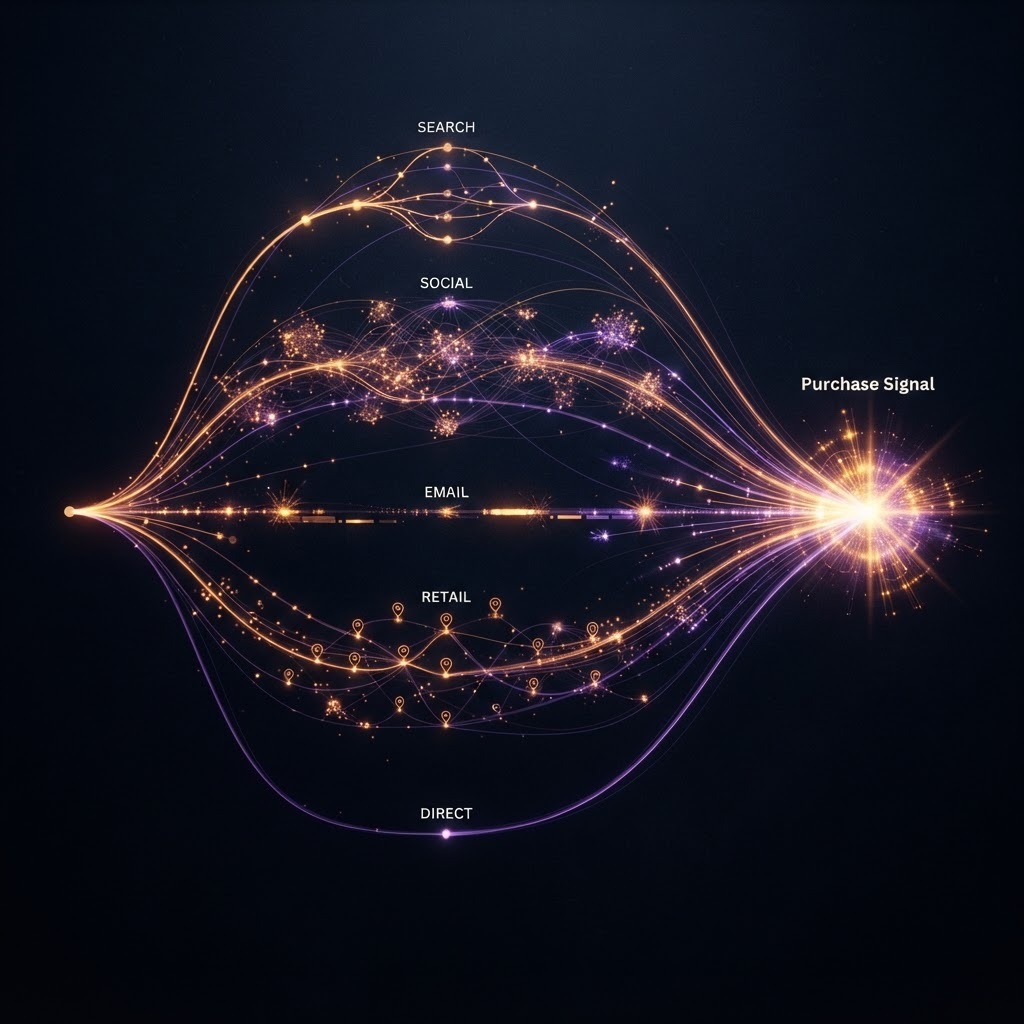 Visibility is not demand until the customer does something valuable. A dark cinematic visualization of search, social, email, retail, and recommendation paths converging on a qualified demand signal