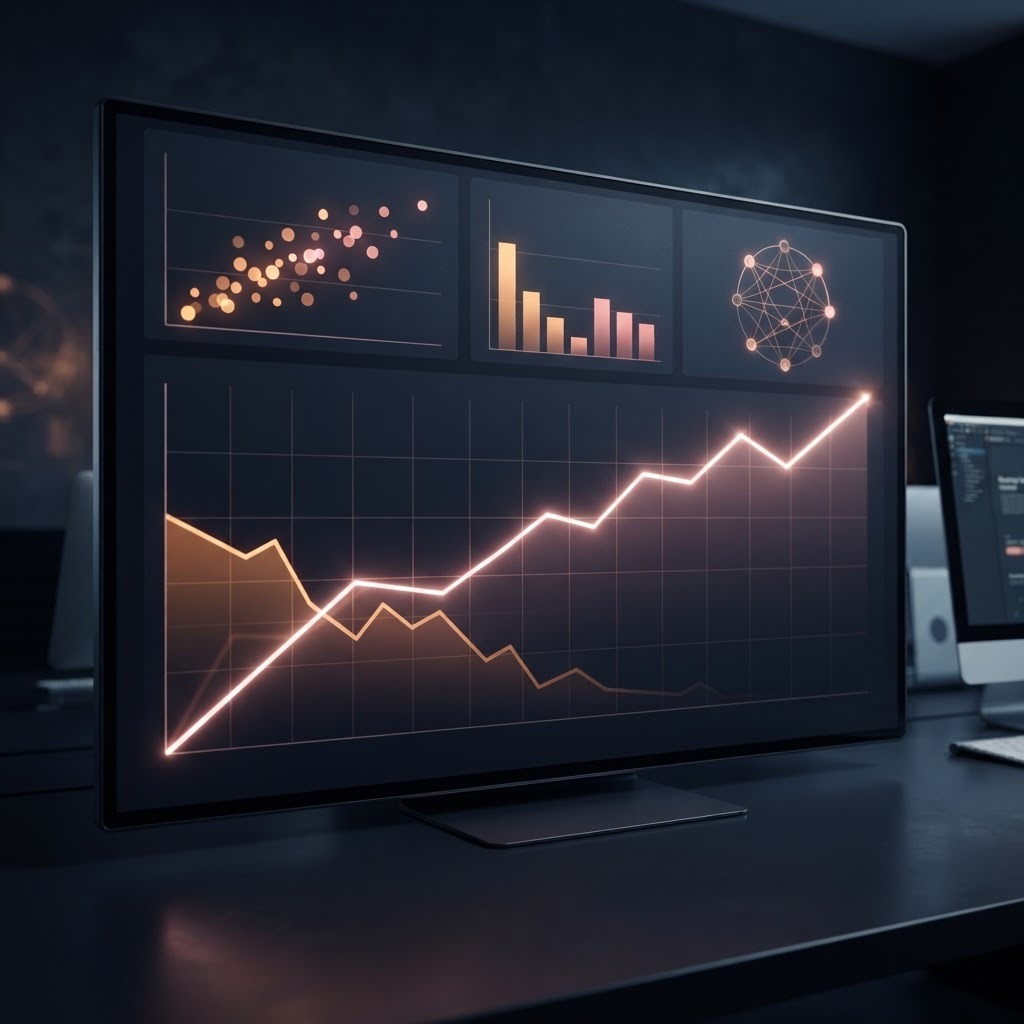 The loudest number in the room isn't always the most useful one. A dark editorial visualization of a marketing dashboard where vanity metrics fade while a revenue line stays bright