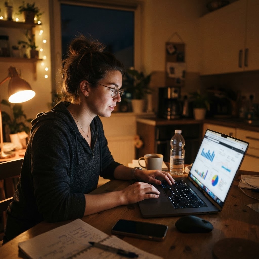 Most measurement arguments happen after dinner, in front of a spreadsheet. Candid smartphone photo of a marketing manager reviewing campaign performance on a laptop at a kitchen table late at night