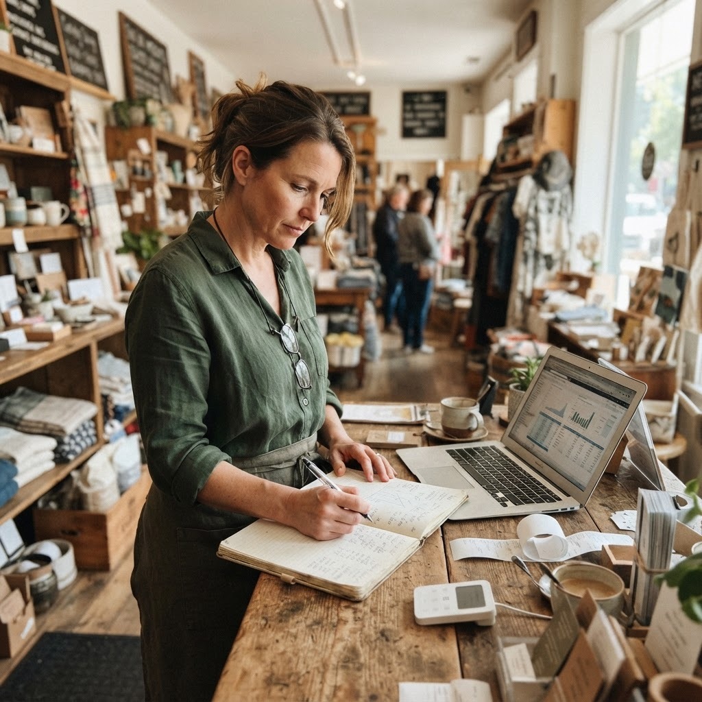 A measurement system has to work for the operator, not just the analyst. Candid smartphone photo inside a small retail shop, with an owner reviewing sales and customer numbers beside a laptop