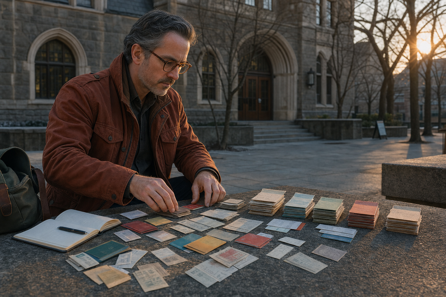 A man sorts fragmented cards and notes into an ordered system outside a library