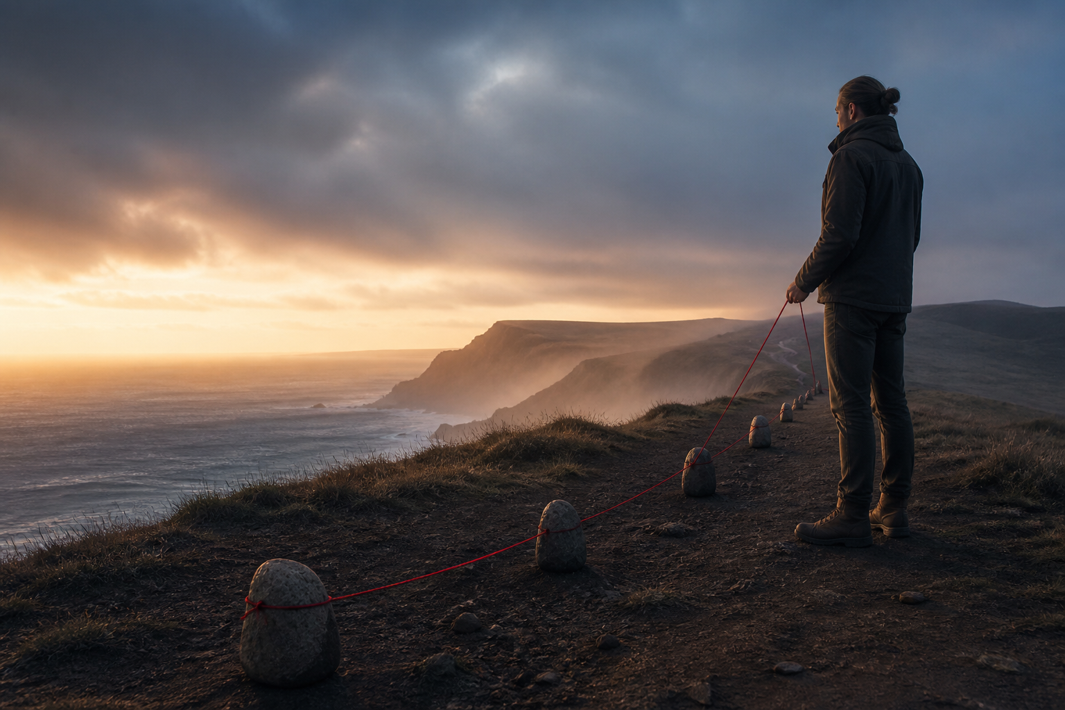 A person traces one clear path with a red thread across a coastal overlook at dawn.
