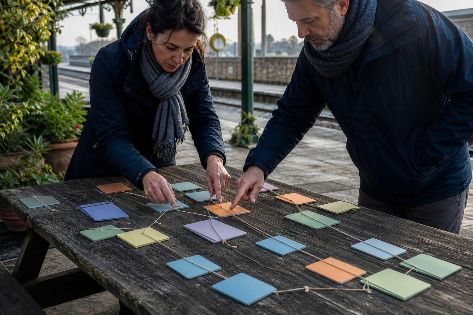 Two operations leaders arrange physical cards and strings into a shared journey map near a railway platform.