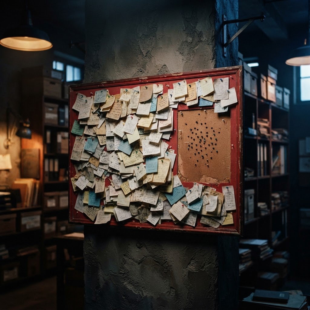 Platform preference can remove a source without removing the conversation A cleared section of a community notice board in a dark archive room