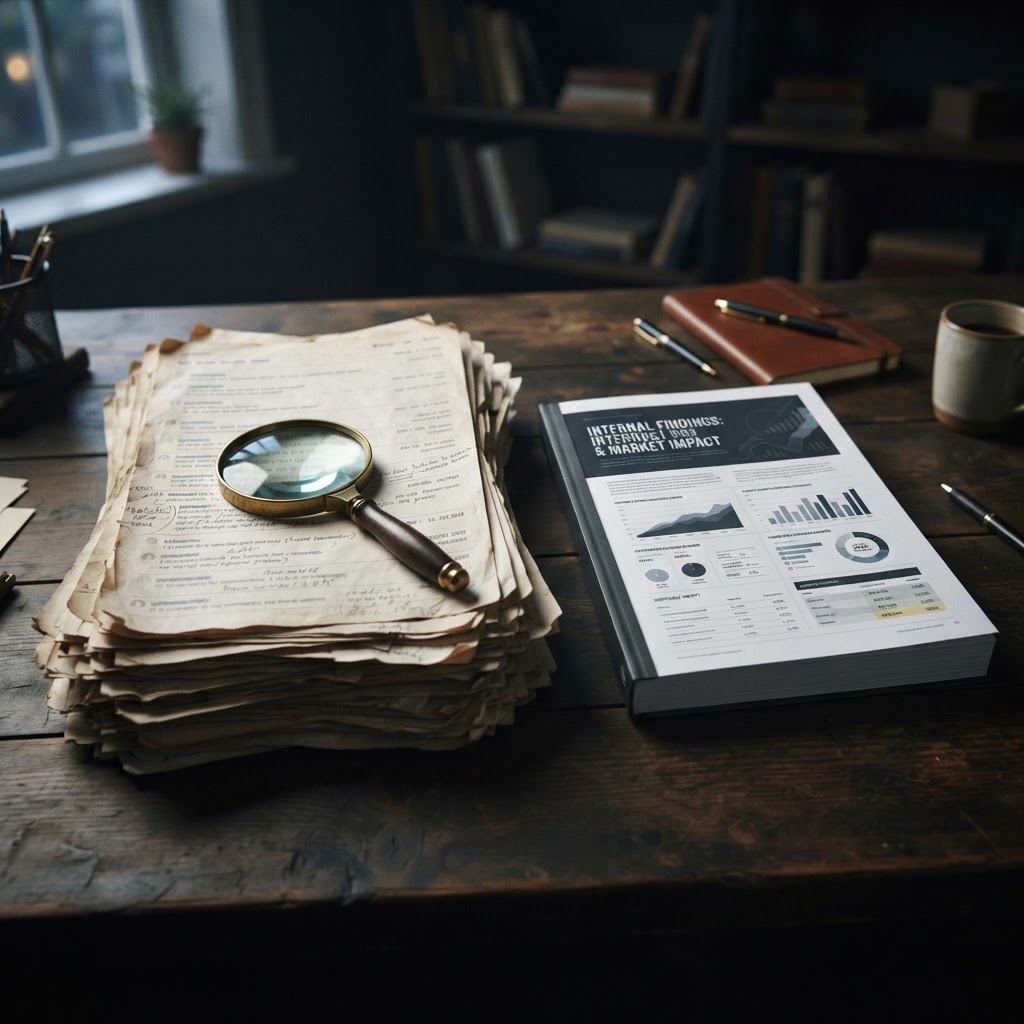 Borrowed proof starts the conversation, owned proof has to finish it Community forum pages beside a branded report and a magnifying glass