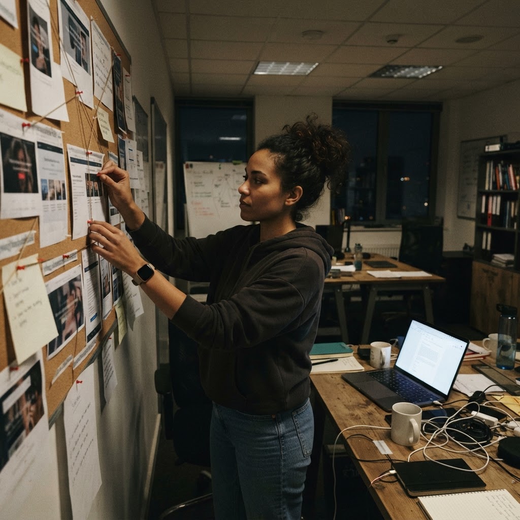 Use communities to learn the market, then publish what the market needs to know A marketer pinning screenshots and source URLs to a wall in a small office at night