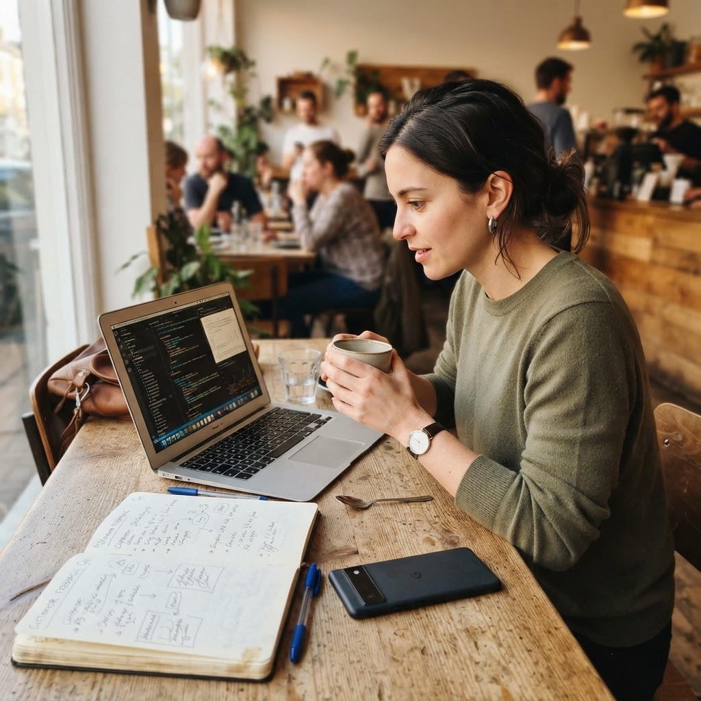 Start with the question customers actually ask A founder reviewing customer questions and an AI answer in a coffee shop