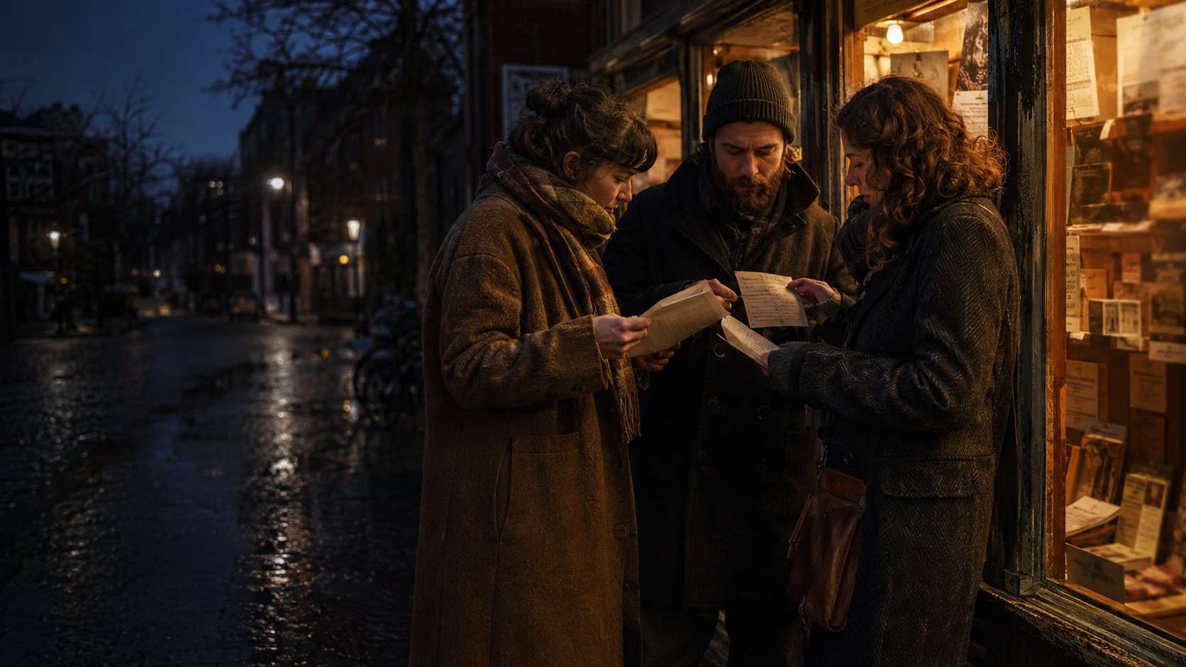 Neighbors compare recommendations outside a warmly lit community bookshop at blue hour.
