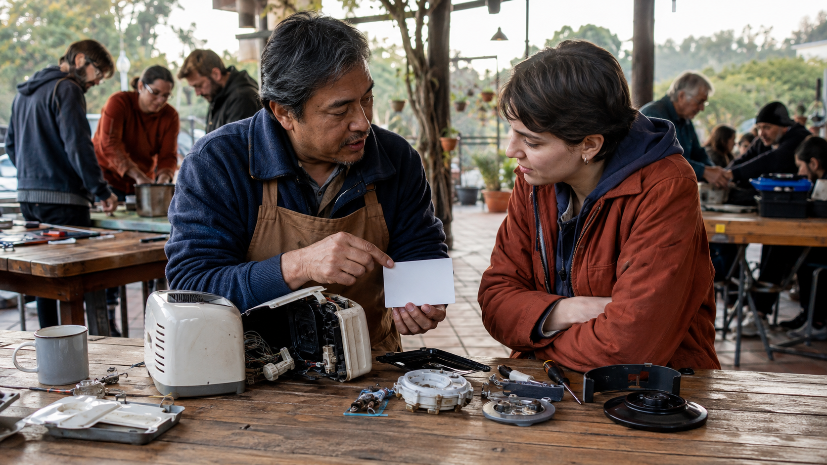 A technician shares practical repair expertise with a buyer at a public community workshop.