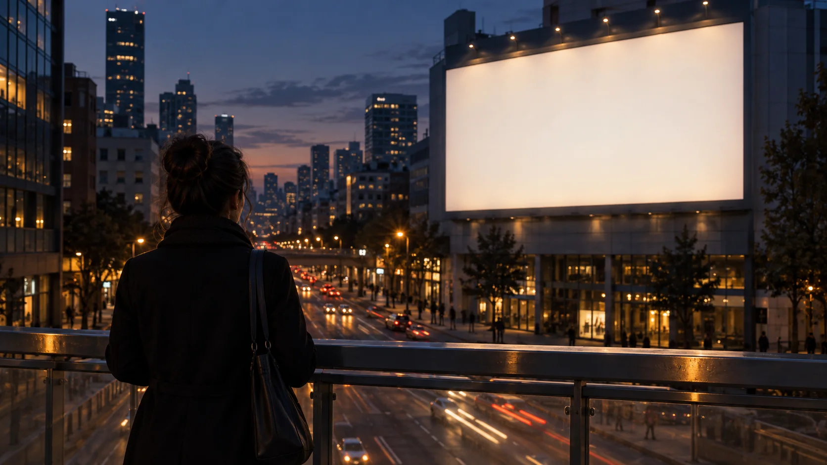 A woman looks toward a city billboard from a pedestrian bridge at dusk.