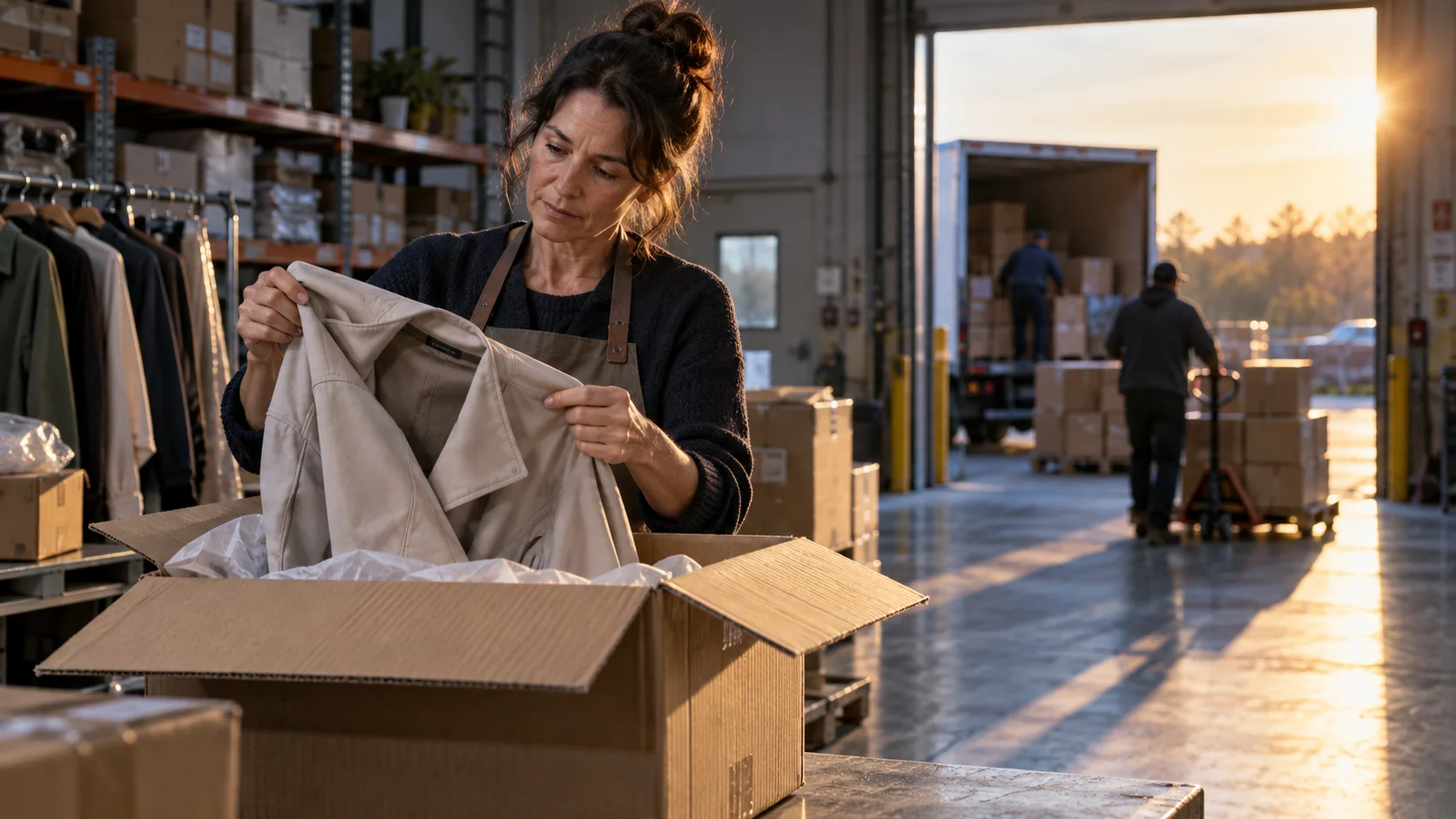 A retailer checks a returned jacket while fulfilled parcels leave the warehouse.