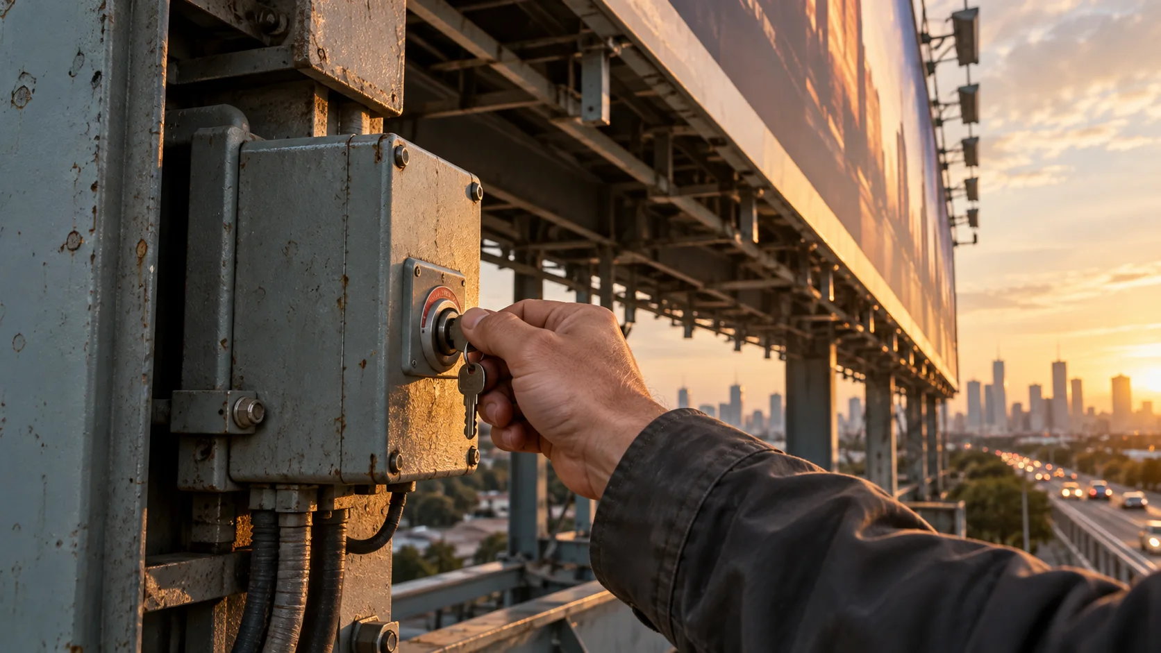 A hand turns a key in the physical isolator beneath a billboard.
