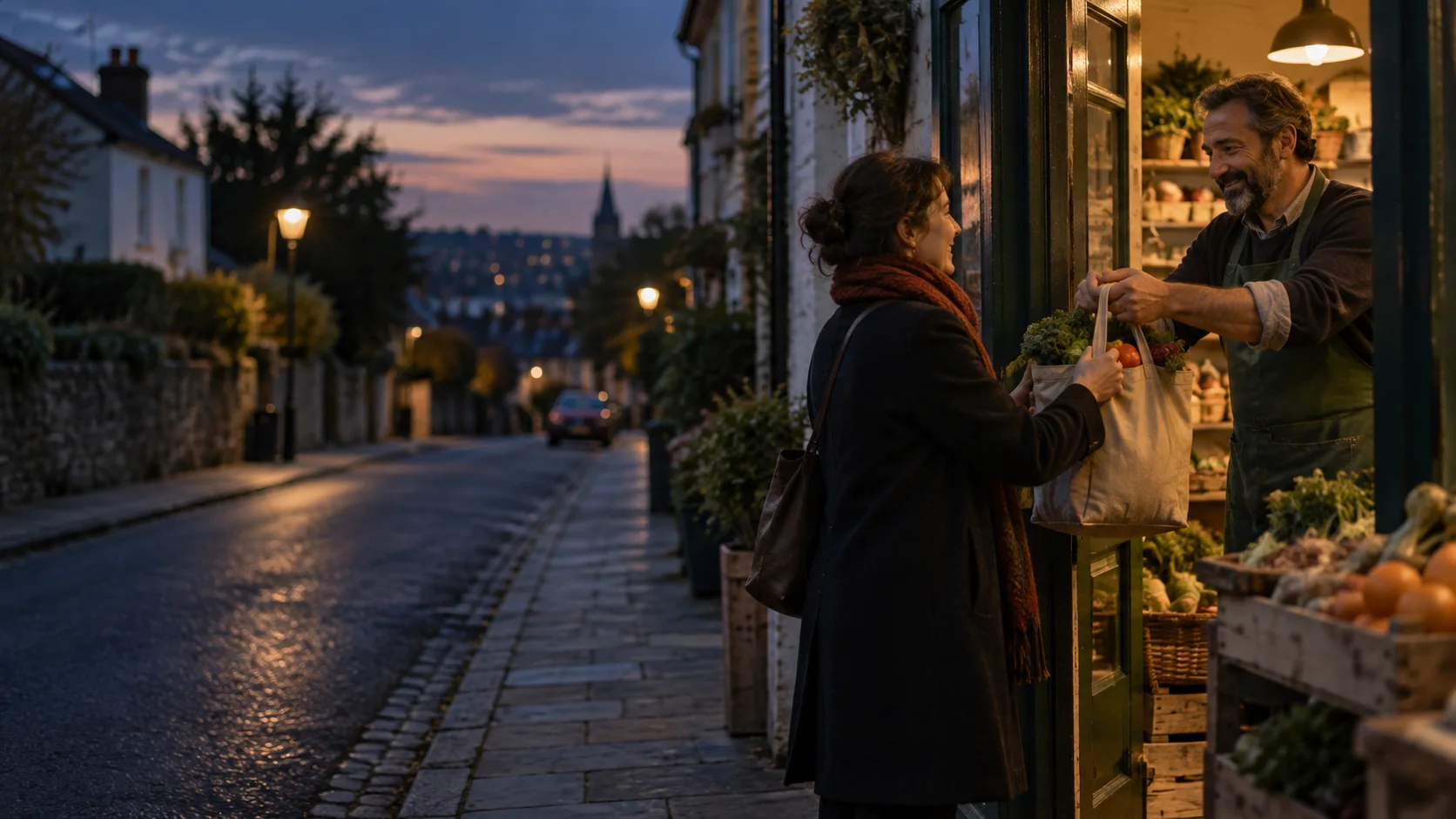 A grocer hands a bag of produce to a customer at a warmly lit doorway.