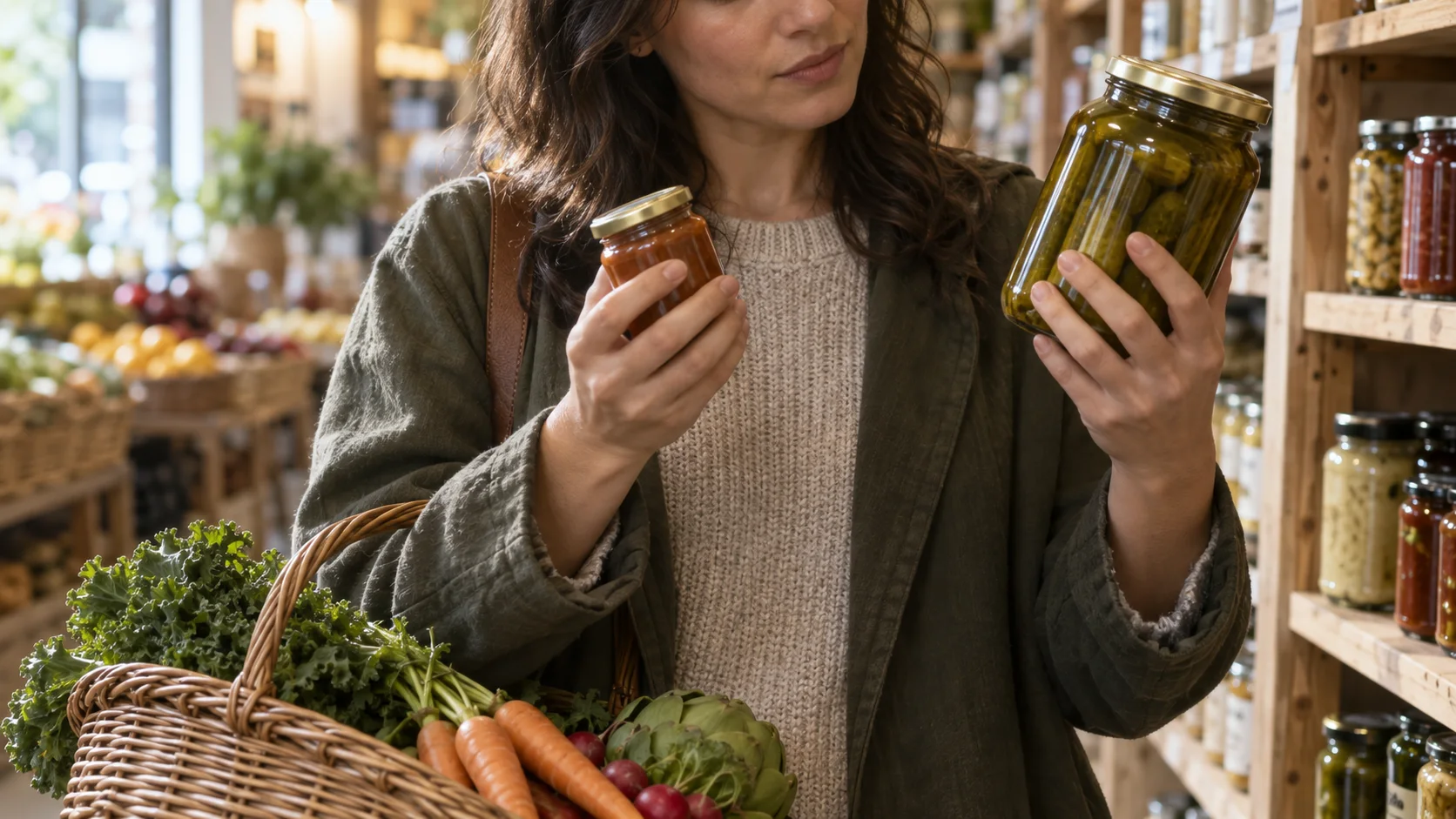A shopper compares two different jar sizes in a grocery aisle.