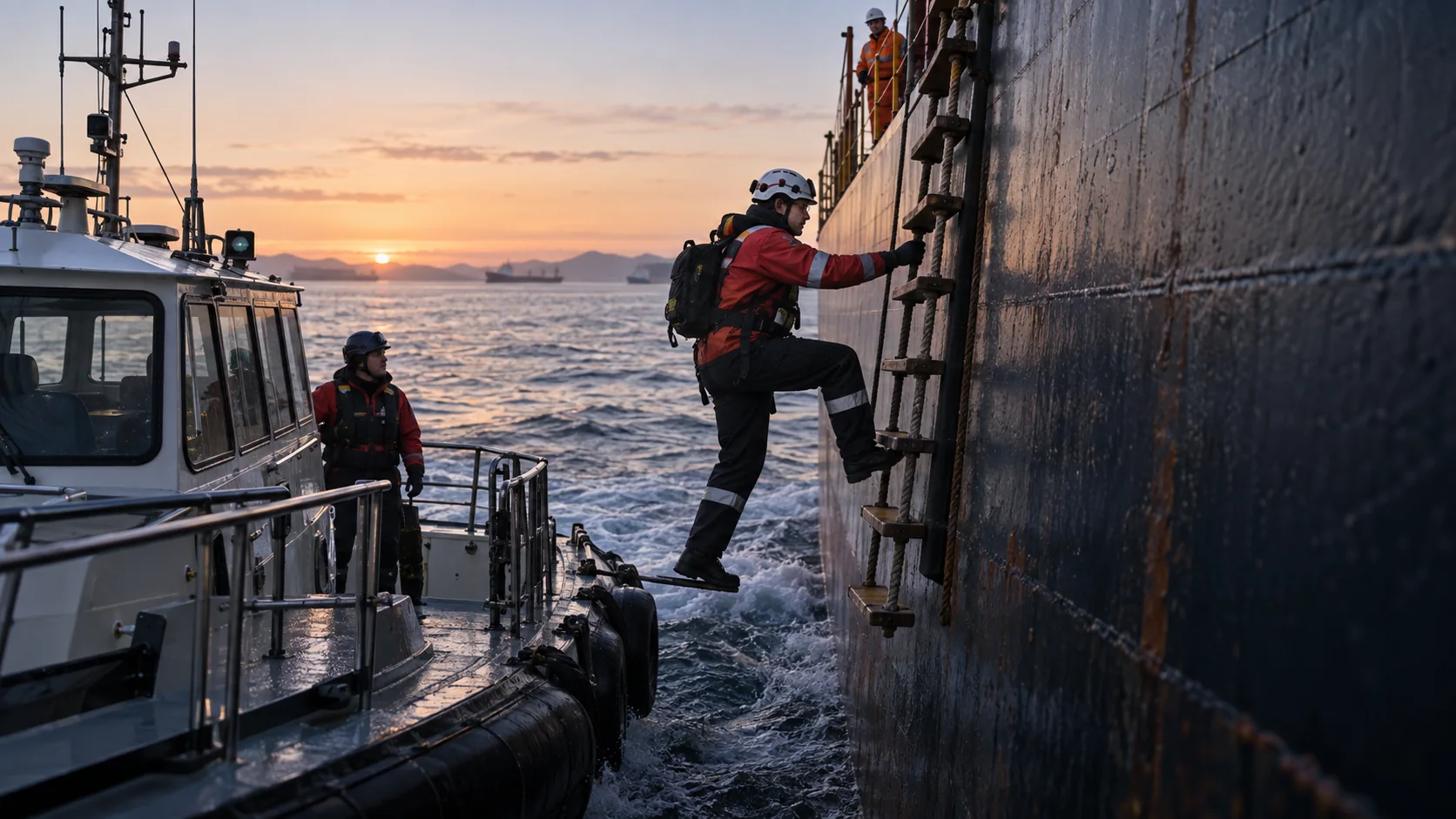 Harbor pilot boarding a vessel from a small launch at first light