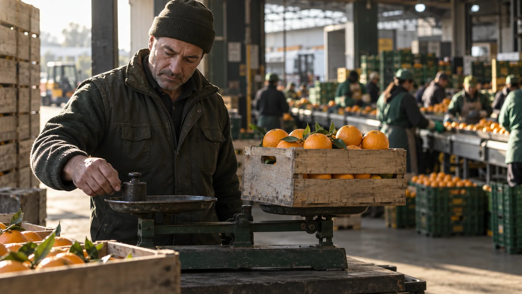 Independent fruit-market quality inspector weighing produce separately from a busy packing line