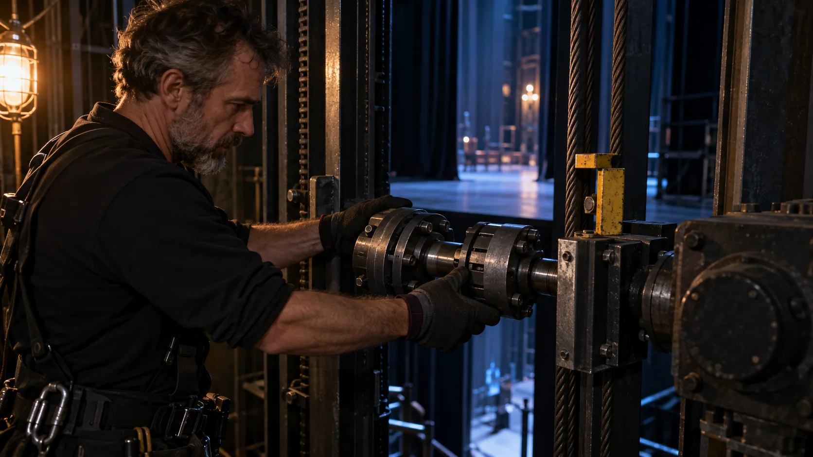 A skilled stage technician aligning a precisely fitted mechanical coupling before a theater performance