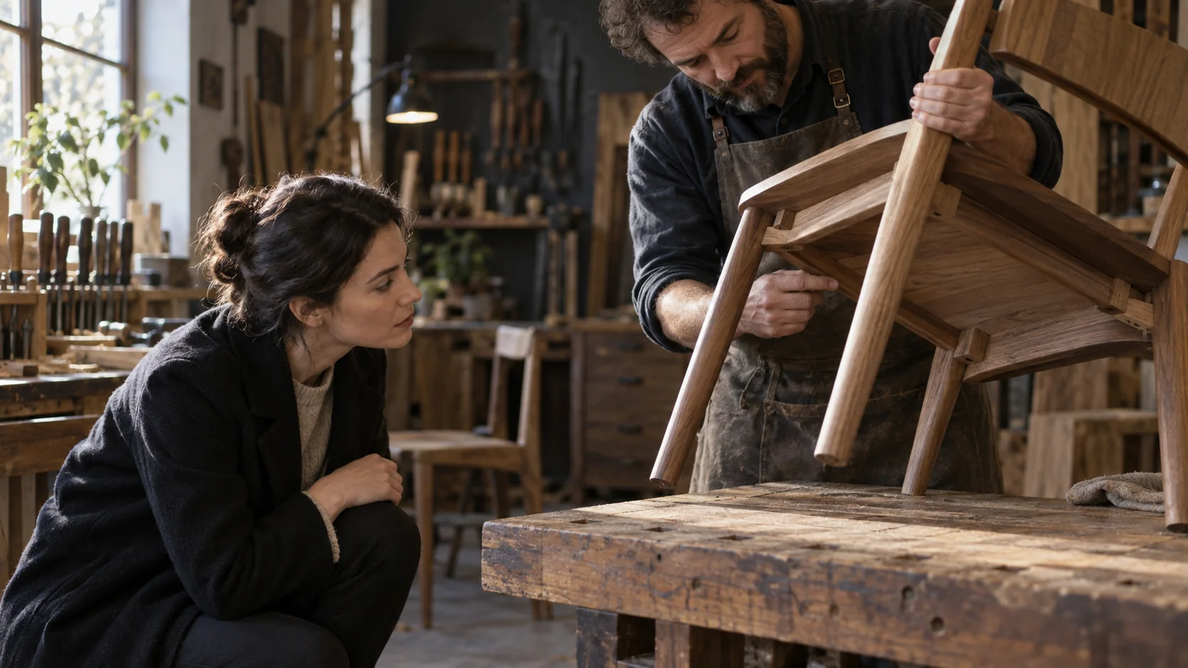 A customer carefully examining the joinery beneath a handcrafted chair in a furniture workshop