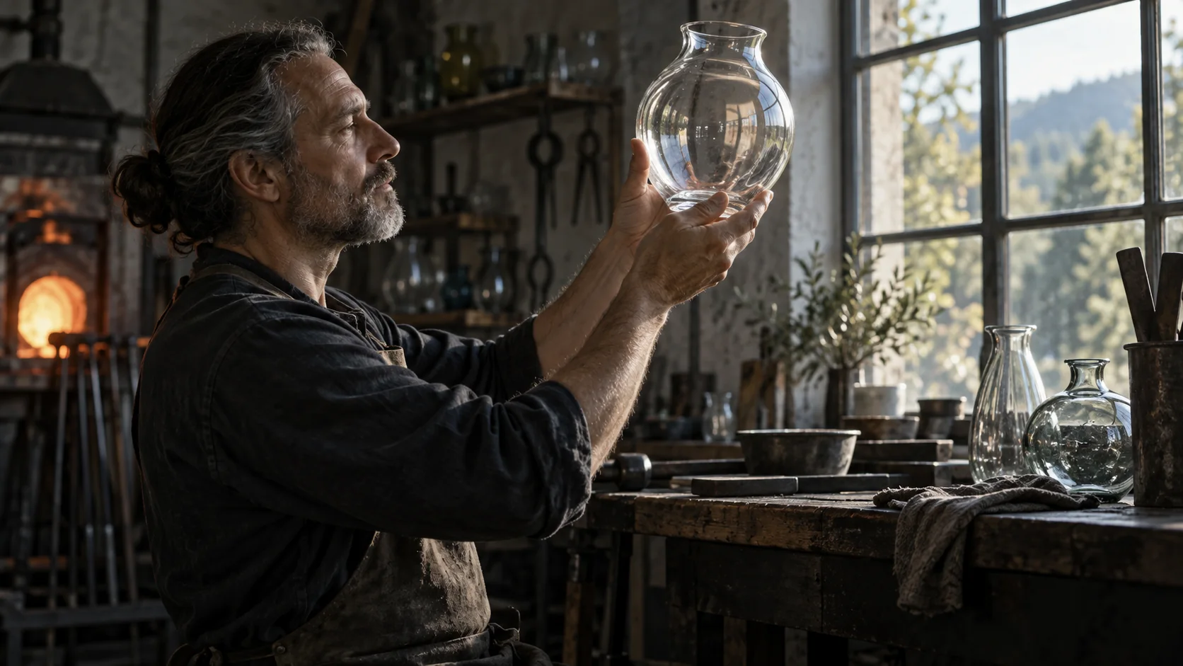 An experienced glassworker checking a finished clear vessel against daylight in a quiet workshop