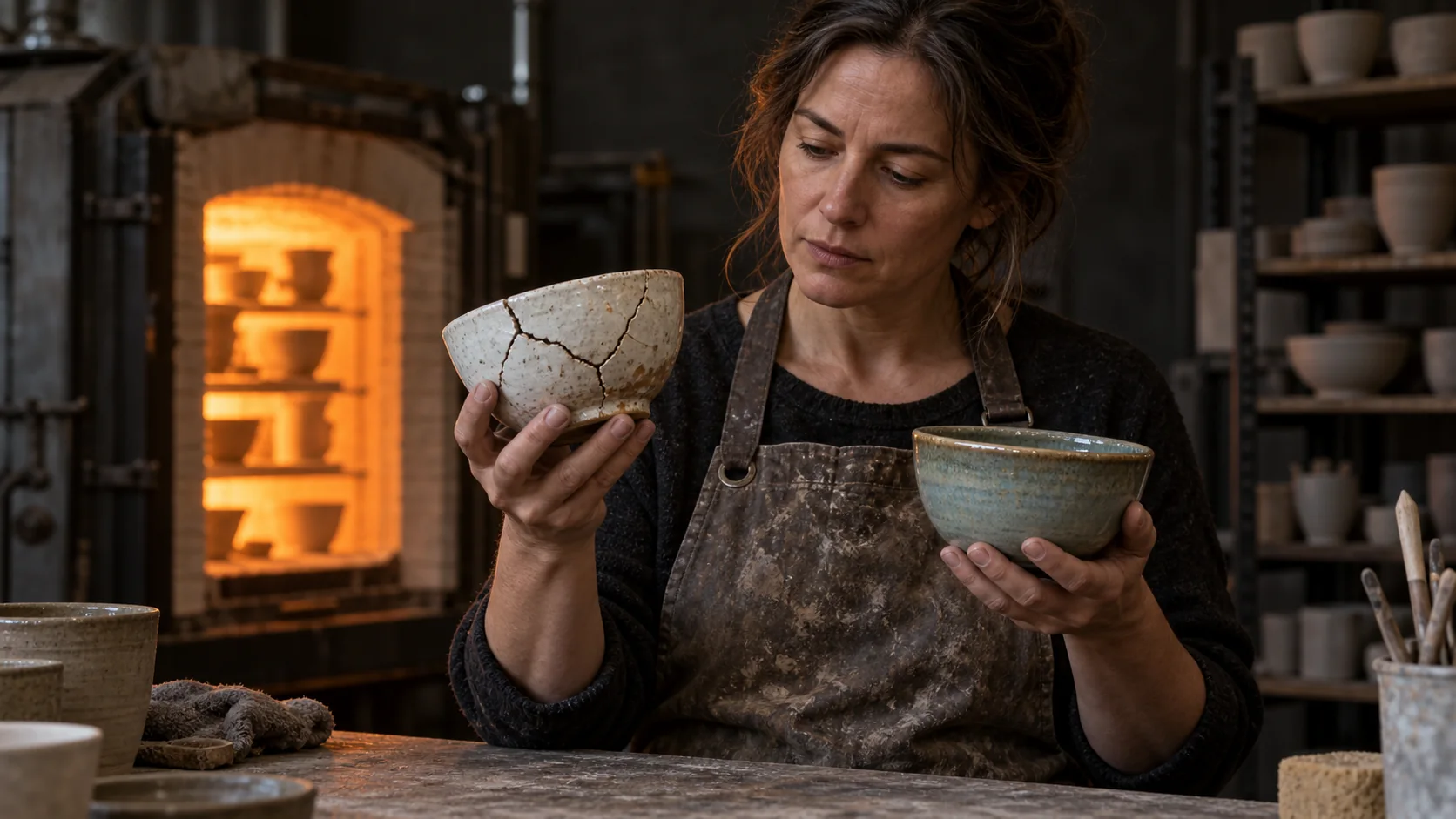A craftsperson holding a cracked ceramic test piece beside an intact vessel in a working kiln room