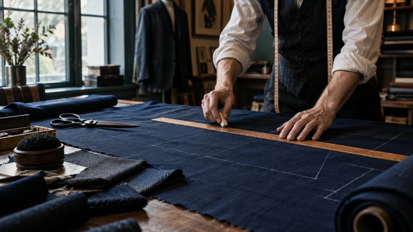 Tailor measuring navy fabric before making a planned cut