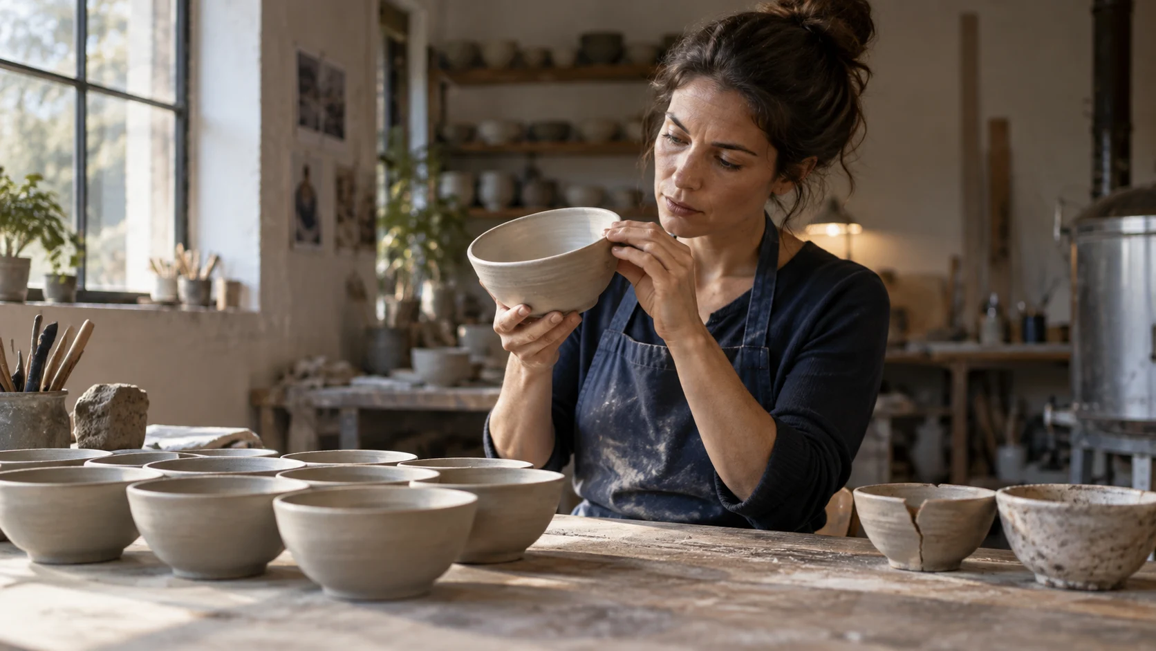 Ceramicist inspecting a finished bowl with accepted pieces and imperfect pieces separated on the bench
