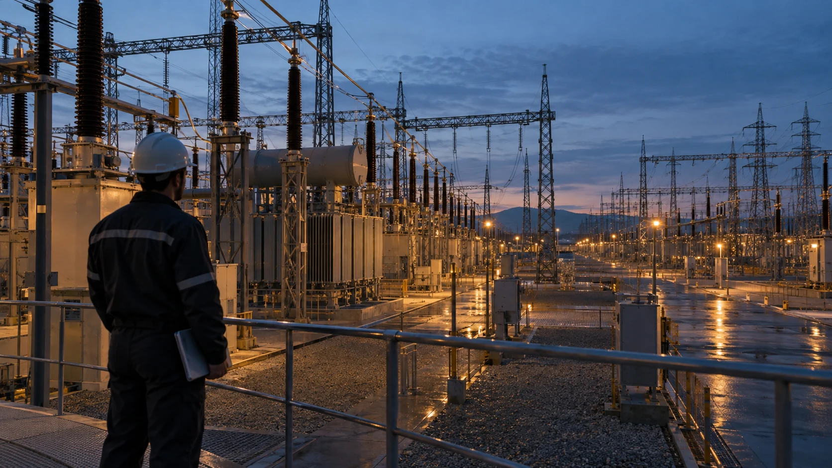 Maintenance engineer observing a large electrical substation at blue hour