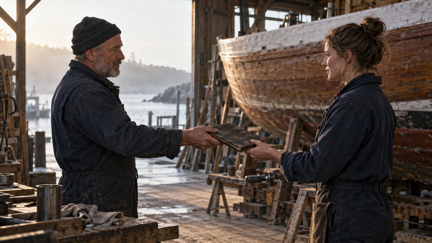 Two boatyard workers exchanging a maintenance notebook during a morning shift handover